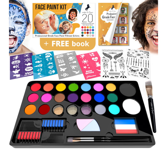 Face Paint Kit for Kids – 20 Washable Colors, Guaranteed Stain-Free, Paints 60+ Faces, Hair Chalk, Glitter, Brushes, Stencils, Non-Toxic, Perfect for Birthdays, Halloween, Parties