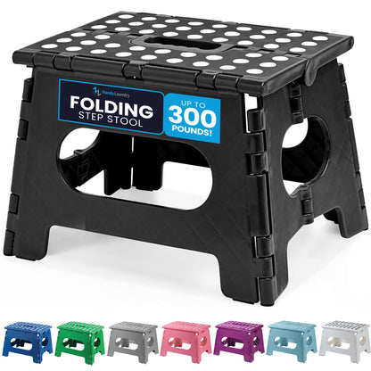 Handy Laundry Folding Step Stool - Sturdy Enough Collapsible Stool to Support Adults and Safe Enough for Kids - Opens Easy with One Flip - Great for Kitchen, Bathroom or Bedroom (Black - 9 Inch)