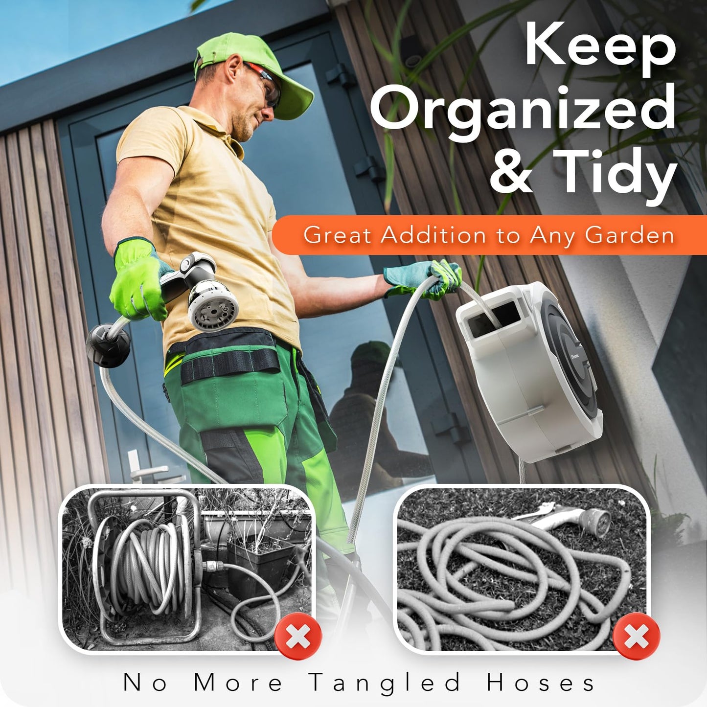 110 FT Retractable Garden Hose Reel by HOZEREEL, Outdoor Garden Hose Reels 1/2" - Automatic Self Retract Wall Mount Hose Reel Enclosed Storage, Any Length Lock, 10 Pattern Nozzle-Grey