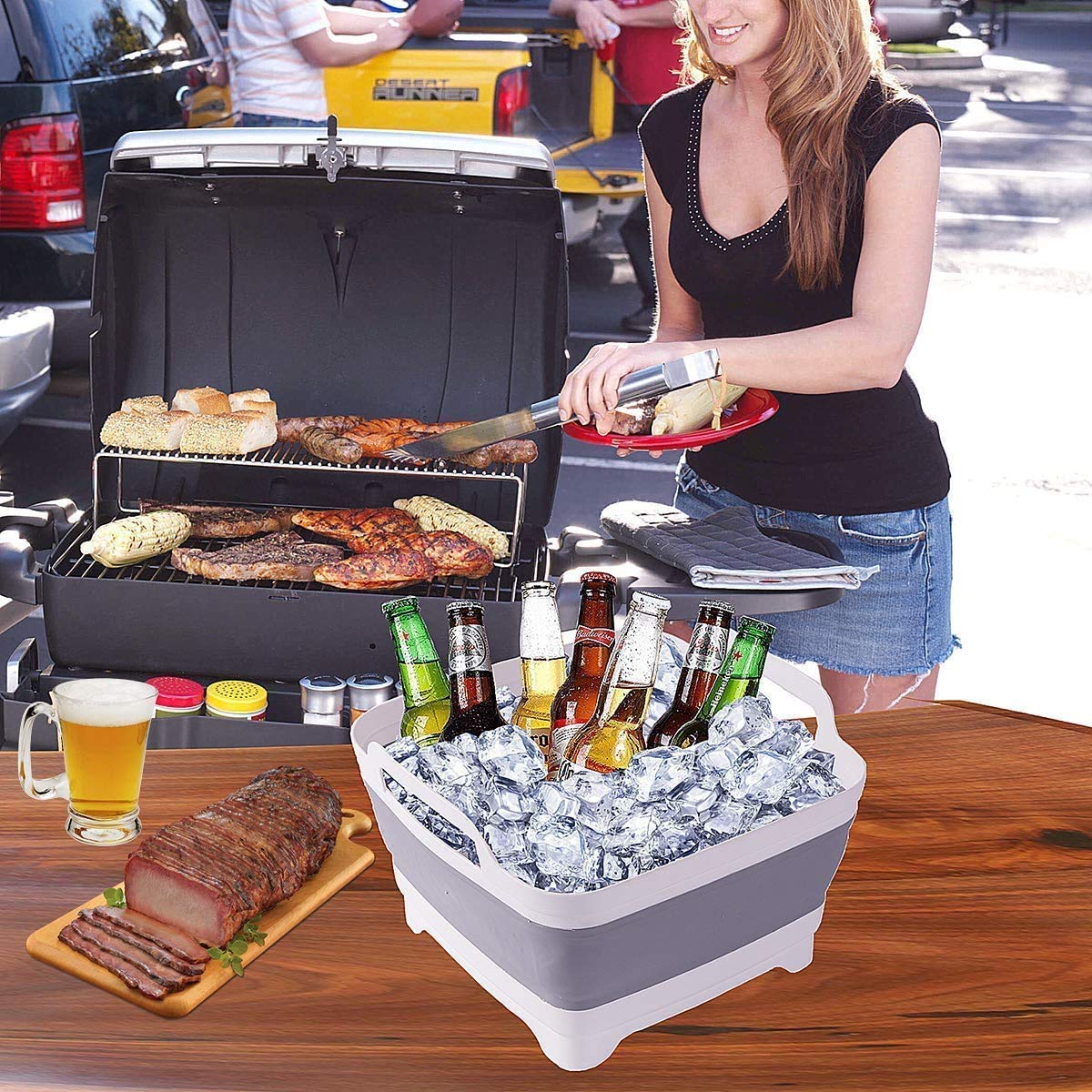 Leemeimei 9L (2.4Gal) Dish Basin Collapsible with Drain Plug Carry Handles,Kitchen Storage Tray Dish Wash Basin, Portable Dish Tub, Foldable Dishpan for Camping,RV,Gray