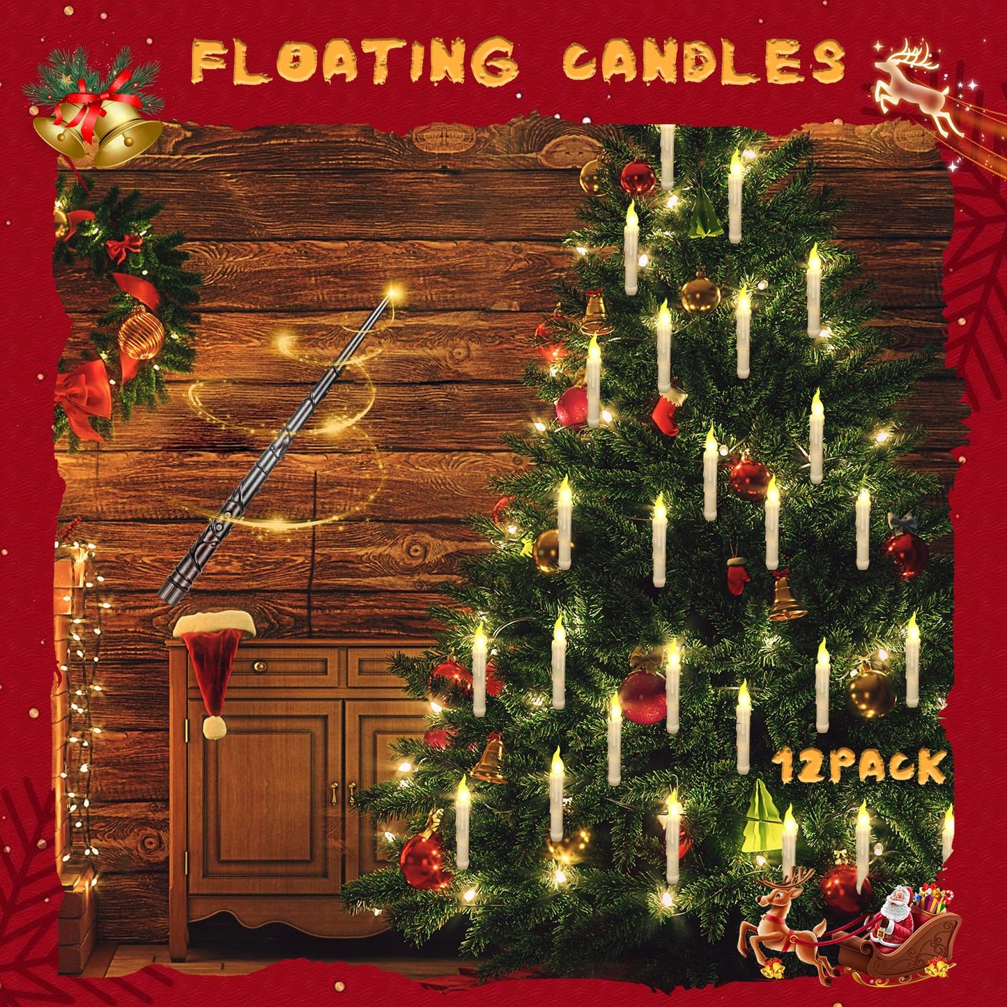 Floating Candles with Wand Remote, Magic Floating Halloween Candles, Flameless LED Flickering Witch Decor Hanging Candles for Halloween Christmas Birthday Party Room Ceiling Decorations, Pack of 12