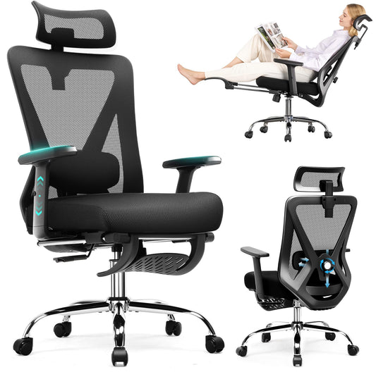 COMHOMA Ergonomic Office Chair Big and Tall Gaming Chair with Footrest, 3D Adaptive Lumbar Support & Headrest, High Back Rolling Computer Chair with Wide Seat, Breathable Mesh, ErgoFlex-F26, Black