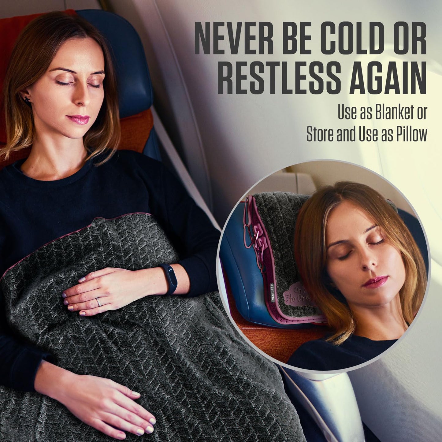 VENTURE 4TH Travel Blanket Pillow – Premium Ultra-Soft & Warm 2-in-1 Blanket or Pillow for Airplane, Car & Bus – Compact, Lightweight & Portable – Lint-Free, No Shedding, No Pilling - Gray/Pink