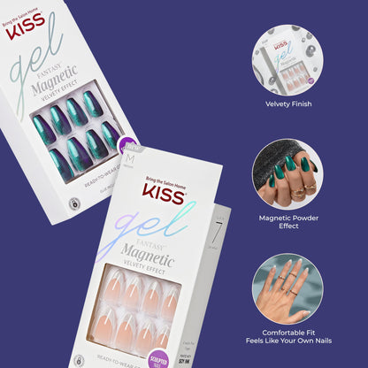 KISS Gel Fantasy Magnetic Press On Nails Almond, Solid Red, Medium Length, 28 Fake Nails, Pink Gel Nail Glue (Net Wt. 2 G / 0.07oz.), Manicure Stick, and Mini Nail File