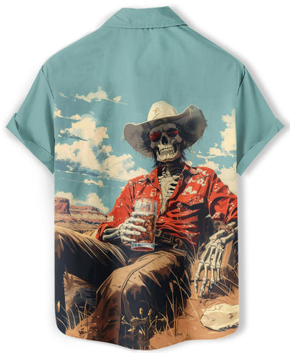 DADDYLOCO Western Skeleton Print Button Down Shirt, Short Sleeve, Regular Fit, Mint Green