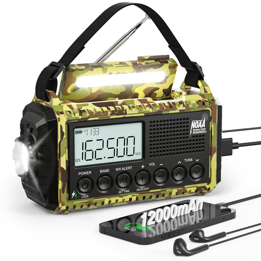 12000mAh/44400mWh Weather Radio, Hand Crank Emergency Radio Portable AM FM Shortwave, Solar Rechargeable Battery Powered Radio with NOAA Alert, USB-C Charger & Adapter, SOS Flashlight for Emergency