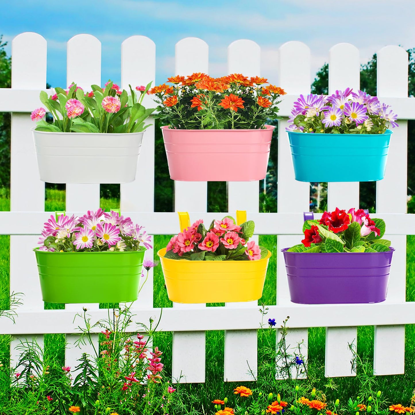 Foraineam 6 Pack Hanging Flower Pots, Metal Iron Plant Pot Holders, Garden Pots Balcony Planters, Metal Bucket Flower Holders Wall Hanging Decor Pot with Detachable Hooks for Railing Fence Balcony