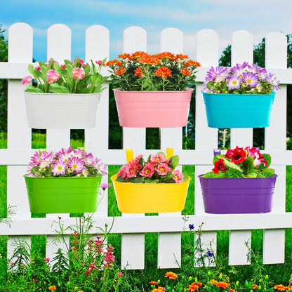 Foraineam 6 Pack Hanging Flower Pots, Metal Iron Plant Pot Holders, Garden Pots Balcony Planters, Metal Bucket Flower Holders Wall Hanging Decor Pot with Detachable Hooks for Railing Fence Balcony
