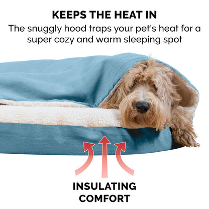 FurHaven Pet Dog Bed | Cooling Gel Memory Foam Orthopedic Round Faux Sheepskin Snuggery Pet Bed for Dogs & Cats, Blue, 26-Inch