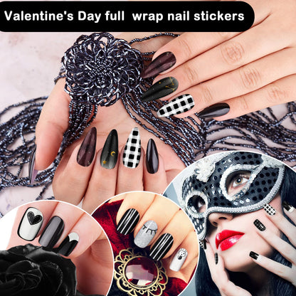 140 Pcs 10 Sheets Black Full Wrap Nail Stickers Polish Strips Gradient Stickers Glitter Self Adhesive DIY Art Decals Strips with 2 Pcs Nail Files for Halloween Decor (Retro Style)