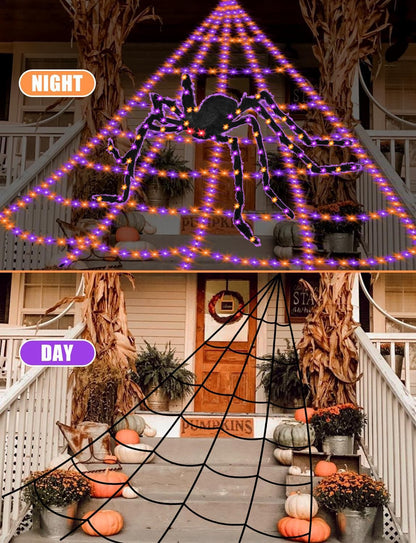 Spider Web Halloween Decorations Lights - 550 LEDs Outdoor Giant Halloween Decor 16.4ft Spider Web with 4ft Light-up Spider, 8 Modes, Waterproof&Timer for Yard Garden, Outside Party (with Spider)