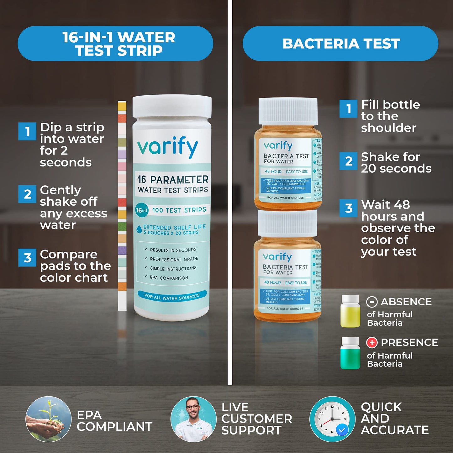 Varify 17in1 Complete Drinking Water Test Kit - 100 Strips + 2 Bacteria Tester Kits - Well, Tap, Home, City Water Testing Strip for Lead, Alkaline, Chlorine, Hardness, Iron, Fluoride, Copper & More