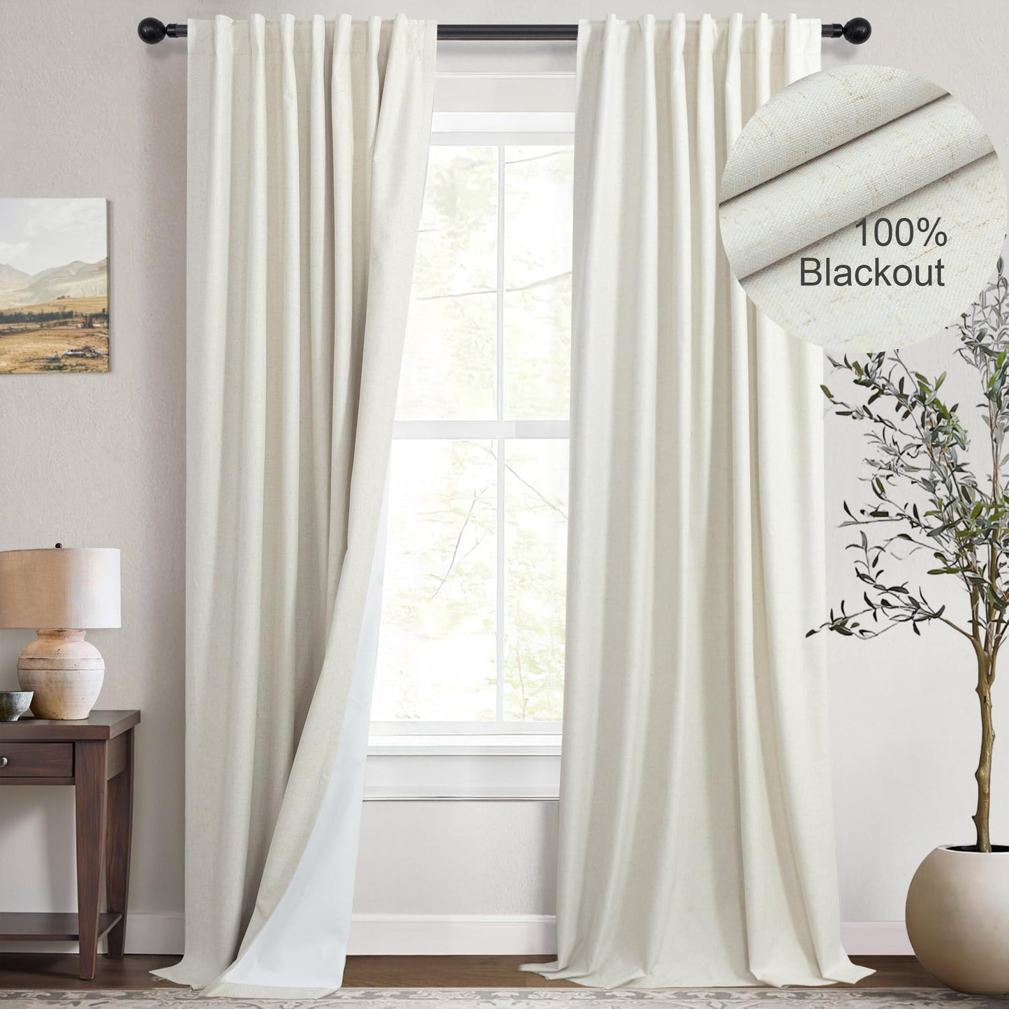 Cream Linen Blackout Curtains 84 Inch Long 2 Panel Set Back Tab Thermal Insulated Light Blocking Curtain for Living Room Black Out Drapes for Bedroom Neutral Rustic Farmhouse 52x84 Length Ivory White