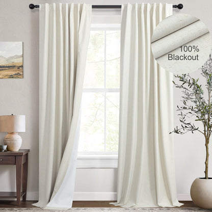 Cream Linen Blackout Curtains 84 Inch Long 2 Panel Set Back Tab Thermal Insulated Light Blocking Curtain for Living Room Black Out Drapes for Bedroom Neutral Rustic Farmhouse 52x84 Length Ivory White