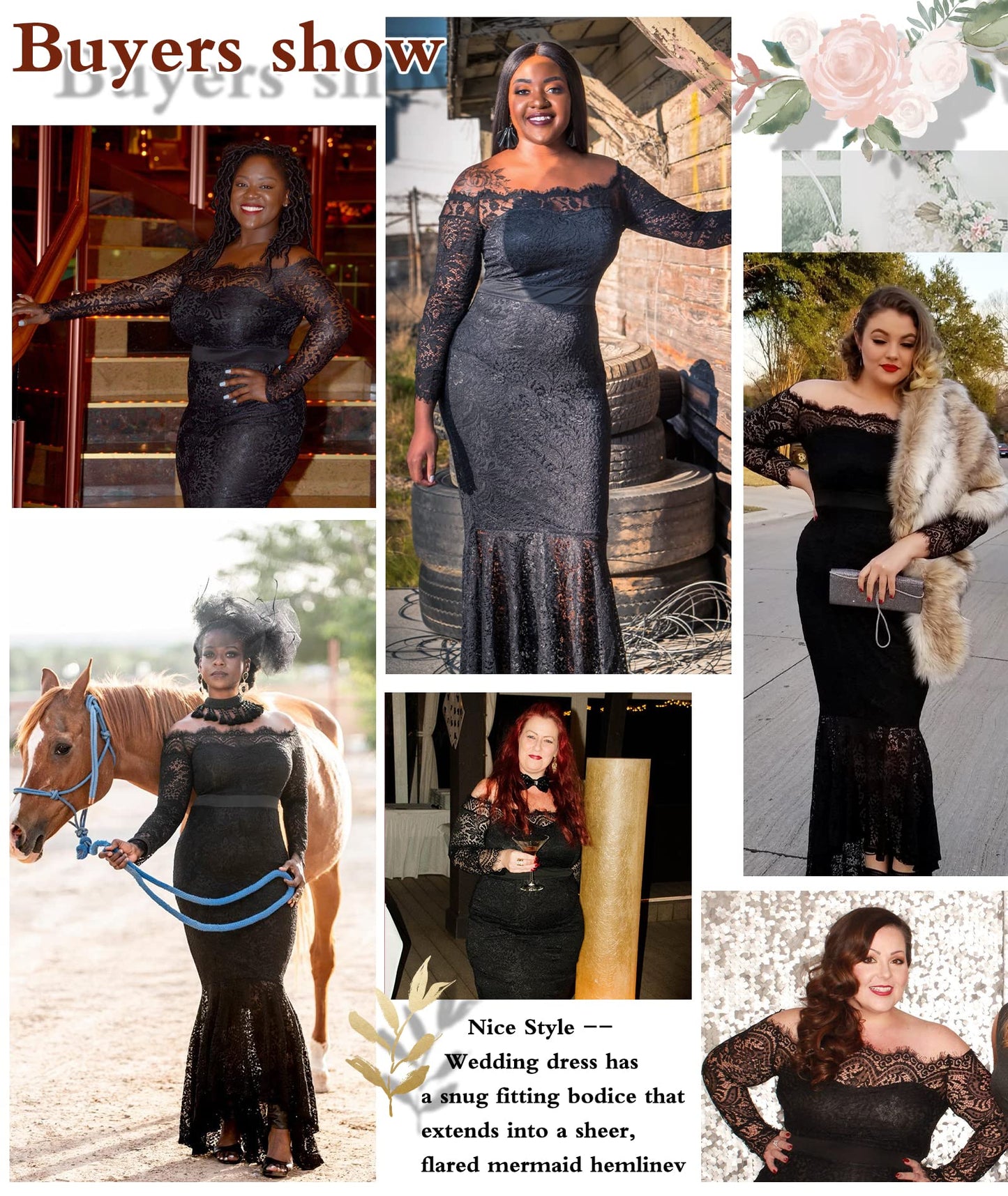 LALAGEN Women's Floral Lace Long Sleeve Off Shoulder Wedding Mermaid Dress Black XL