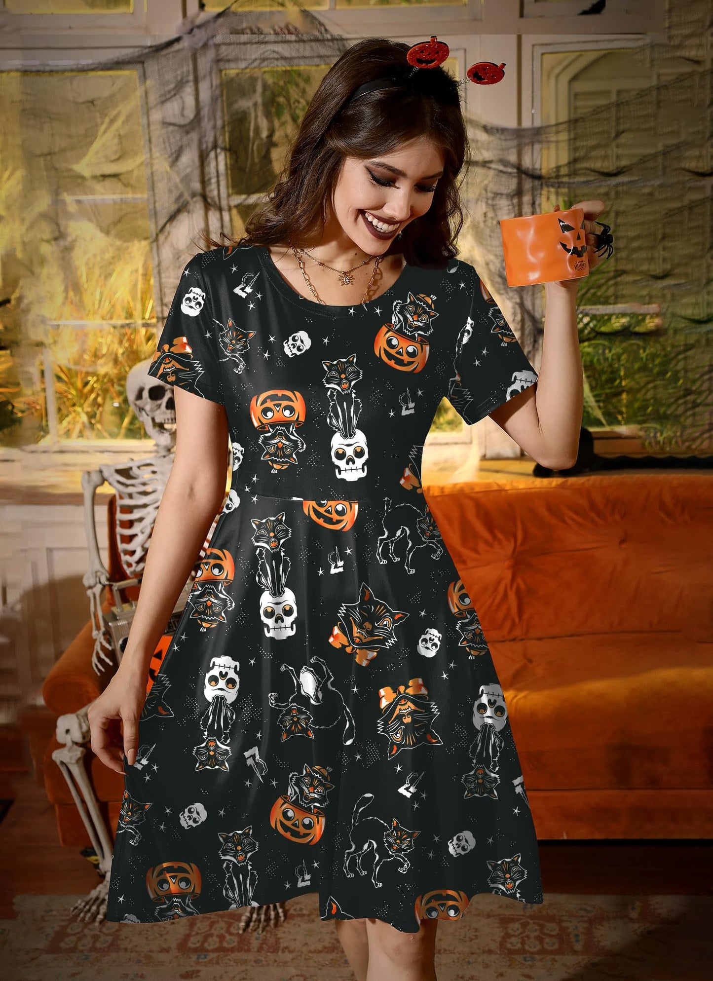 Halloween Casual Crewneck Women's Costume Funny Cute Print Cosplay Vintage Dress Jackolanterns Skulls Black Cats M