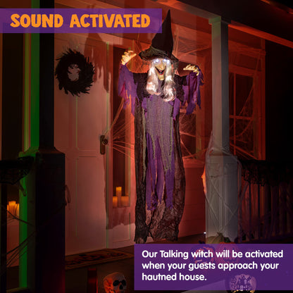 JOYIN 72” Halloween Hanging Witch Decorations Outdoor, Flying Talking Ghost Decor Light Up Eyes Sound Activated, Outside Indoor Haunted House Prop for Lawn Yard Garden, Purple