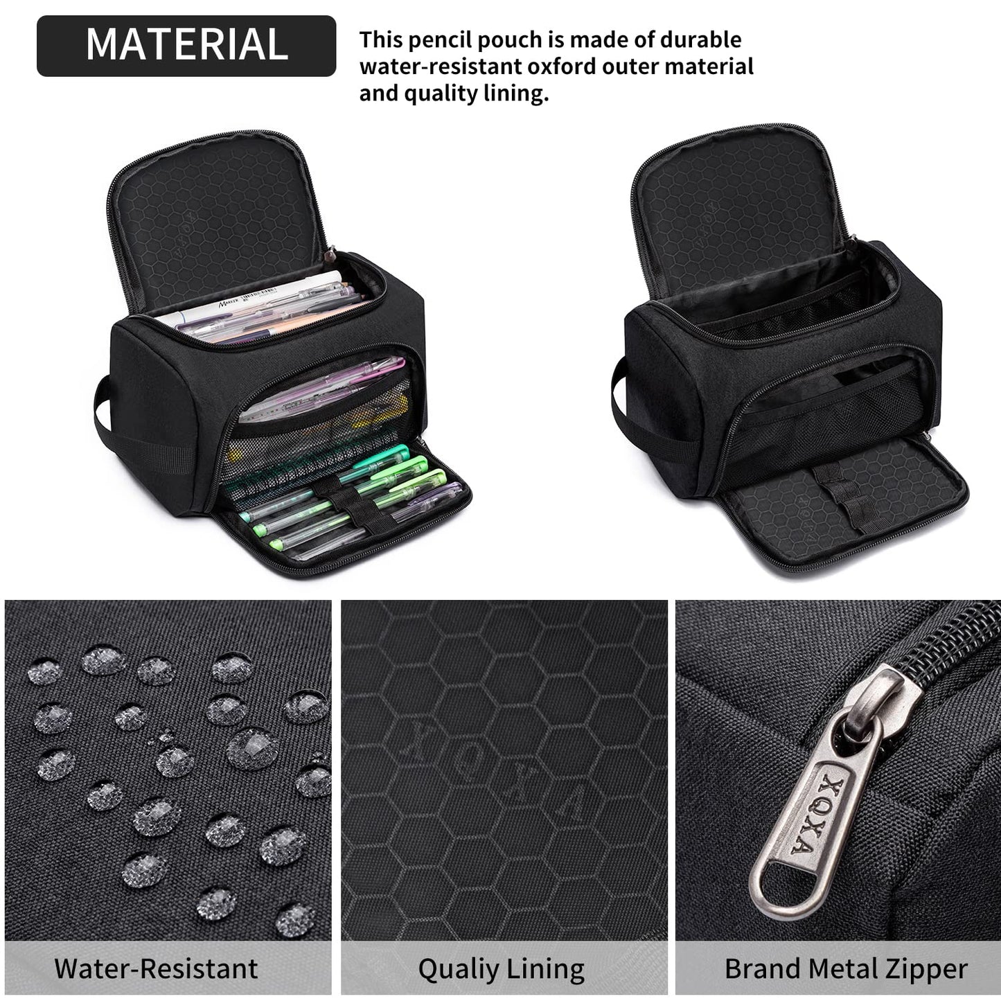 XQXA Large Capacity Pencil Case Organizer, Multifunctional Extra Big Pencil Pouch with Compartmens, Travel Simple Stationery Pen Bag, Fabric Pencil Bag for Men Women Girl Boy (Black)