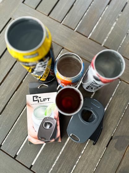 Draft Top Lift Universal Topless Can Opener - Smooth Edge Aluminum Can Lid Remover For Beer, Cocktails, & Soda - Ideal For Tailgating & Garnishes, As Seen On Shark Tank, Made In The USA, Black & Grey