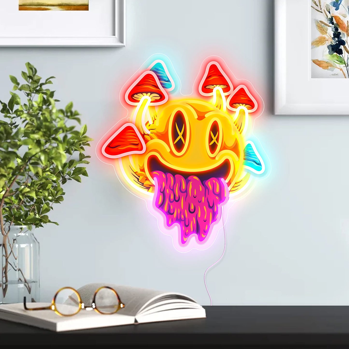 GGK Smiling with Mushrooms Neon Sign Unique Mushroom Decor Aesthetic Room Decor Trippy Mushrooms Light for Halloween Parties, Bedroom Wall, Bar, Game Room, Man Cave