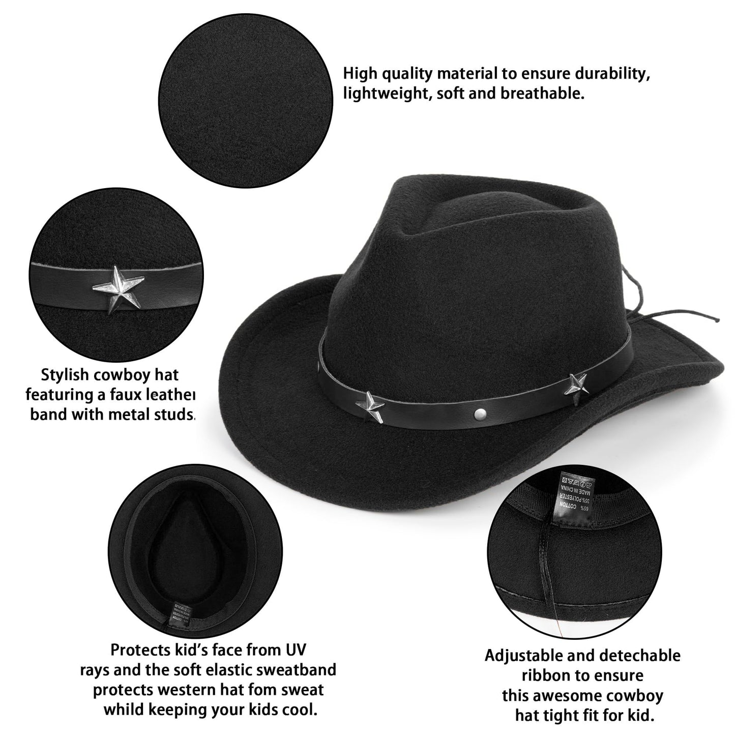 Eohak Kid Western Cowboy Hat Felt Cowgirl Fedora Hat with Buckle Belt for Boys Girls 4-8 Years Black