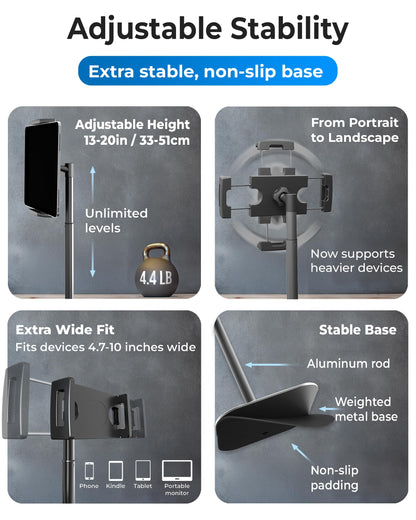 COOPER TabStand Height Adjustable iPad Stand for Desk, Heavy-Duty 7-17" Tablet Holder & Portable Monitor Stand | 4.4lb Holding Strength | iPad Holder for Pro, Air, Mini, Kindle (Night Black)