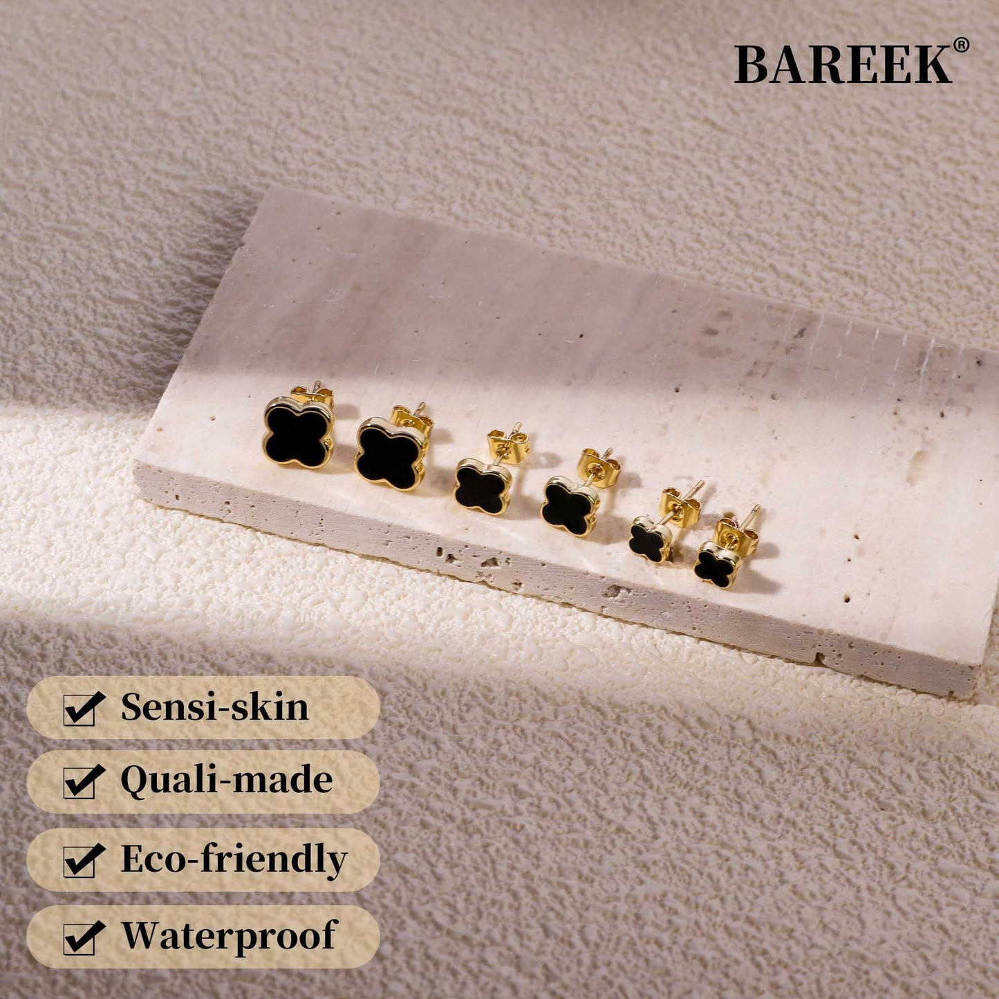 Clover Earring 3 Pair Small Clover Stud Earrings for Women Four Leaf Hypoallergenic Earrings Sensitive Ears for Birthday Christmas Anniversary Lucky Gifts (Gold Clover Stud Earrings/Black)