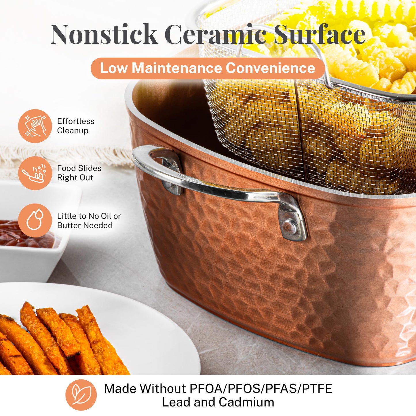 Gotham Steel Nonstick Square Deep Frying Pan, 9.5” Large Cooking Pan with Ceramic Nonstick Coating, Deep Fryer Pot with Basket, 4 Pc Titanium Ceramic with Lid, Basket & Steamer Tray, Dishwasher Safe