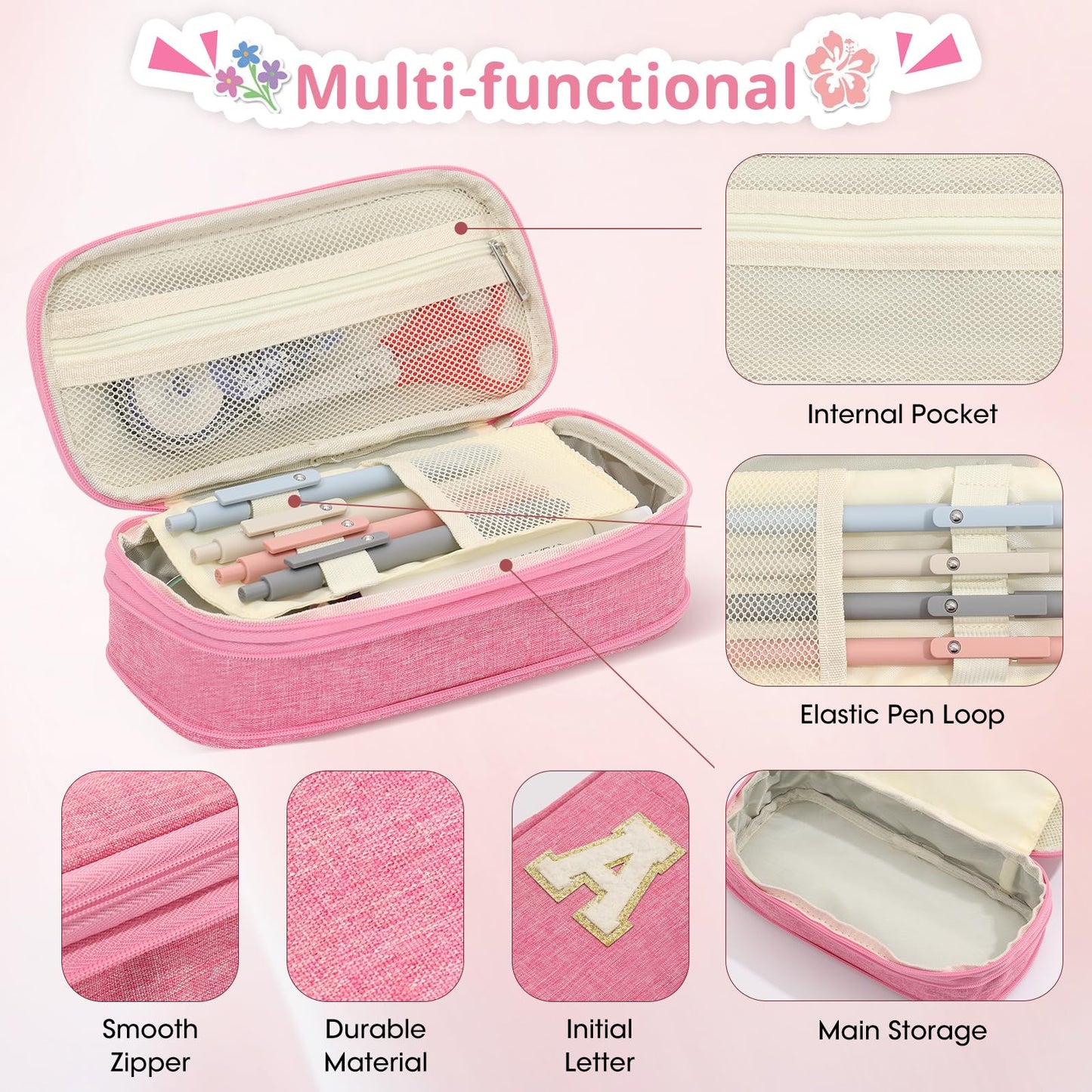 GIFTOXO Pencil Case for Girls Women, Back to School Supplies, Preppy Pencil Case, Large Initial Pencil Pouch with Zipper, Cute Pencil Bag, Aesthetic Pen Case Box for Kids Teen Girls - A(Pink)