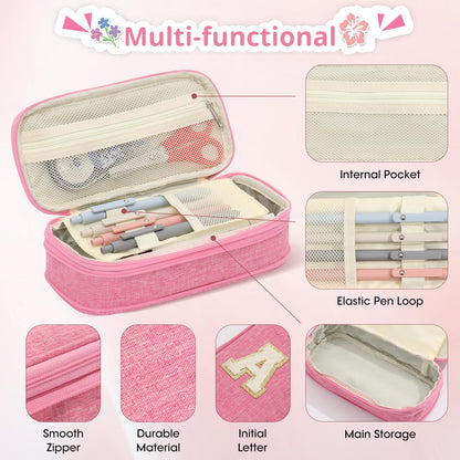 GIFTOXO Pencil Case for Girls Women, Back to School Supplies, Preppy Pencil Case, Large Initial Pencil Pouch with Zipper, Cute Pencil Bag, Aesthetic Pen Case Box for Kids Teen Girls - A(Pink)