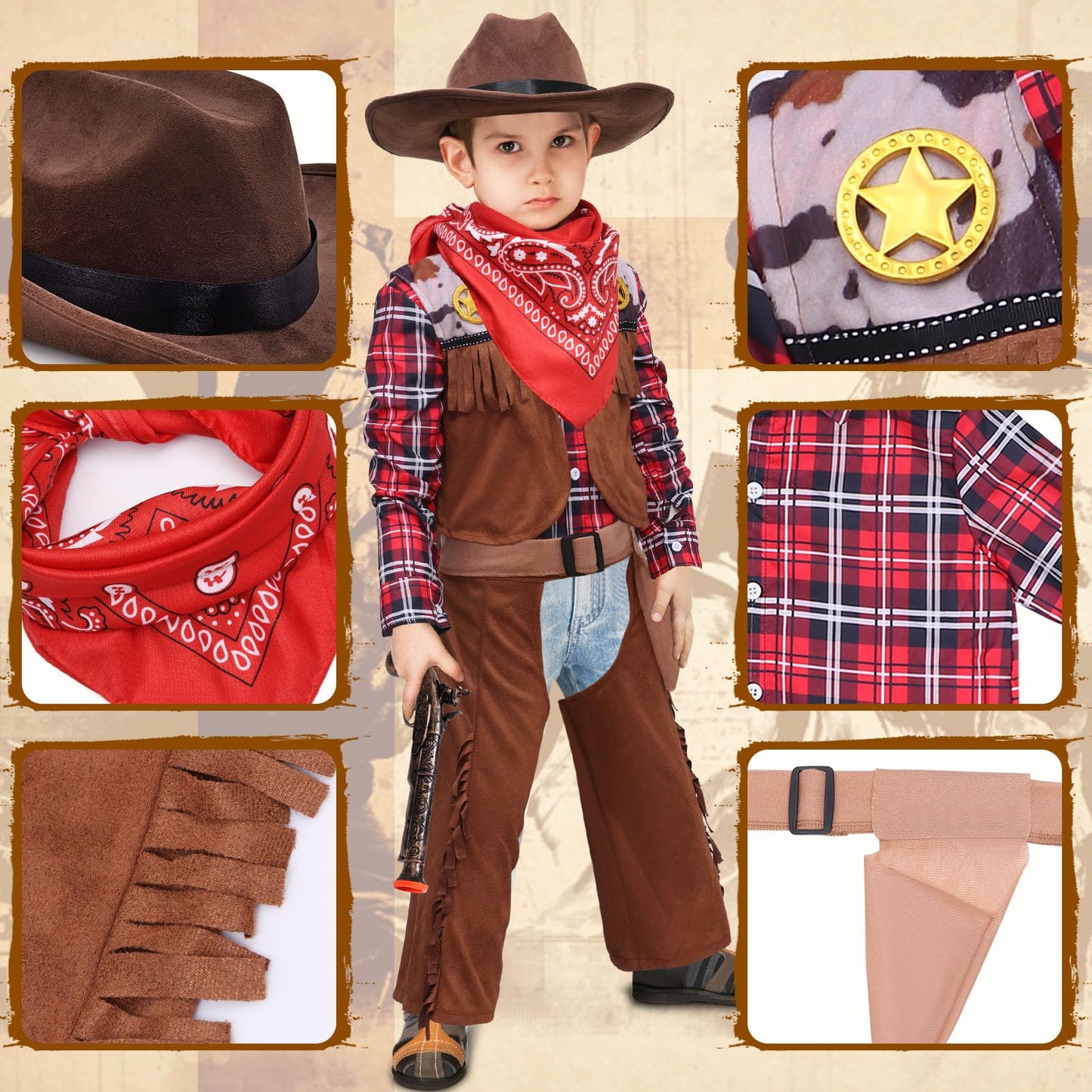Latocos 7 PCS Kids Cowboy Costume for Boys Ages 3-10 Years Halloween Party Dress Up Role Play and Cosplay