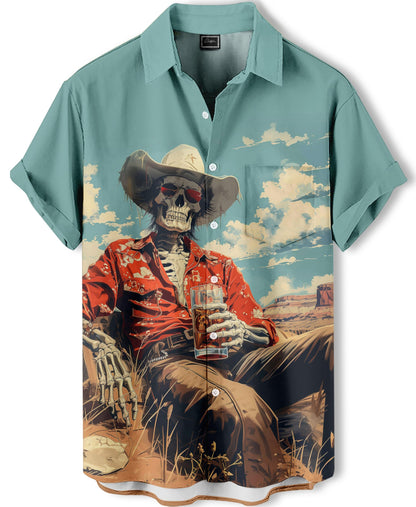 DADDYLOCO Western Skeleton Print Button Down Shirt, Short Sleeve, Regular Fit, Mint Green