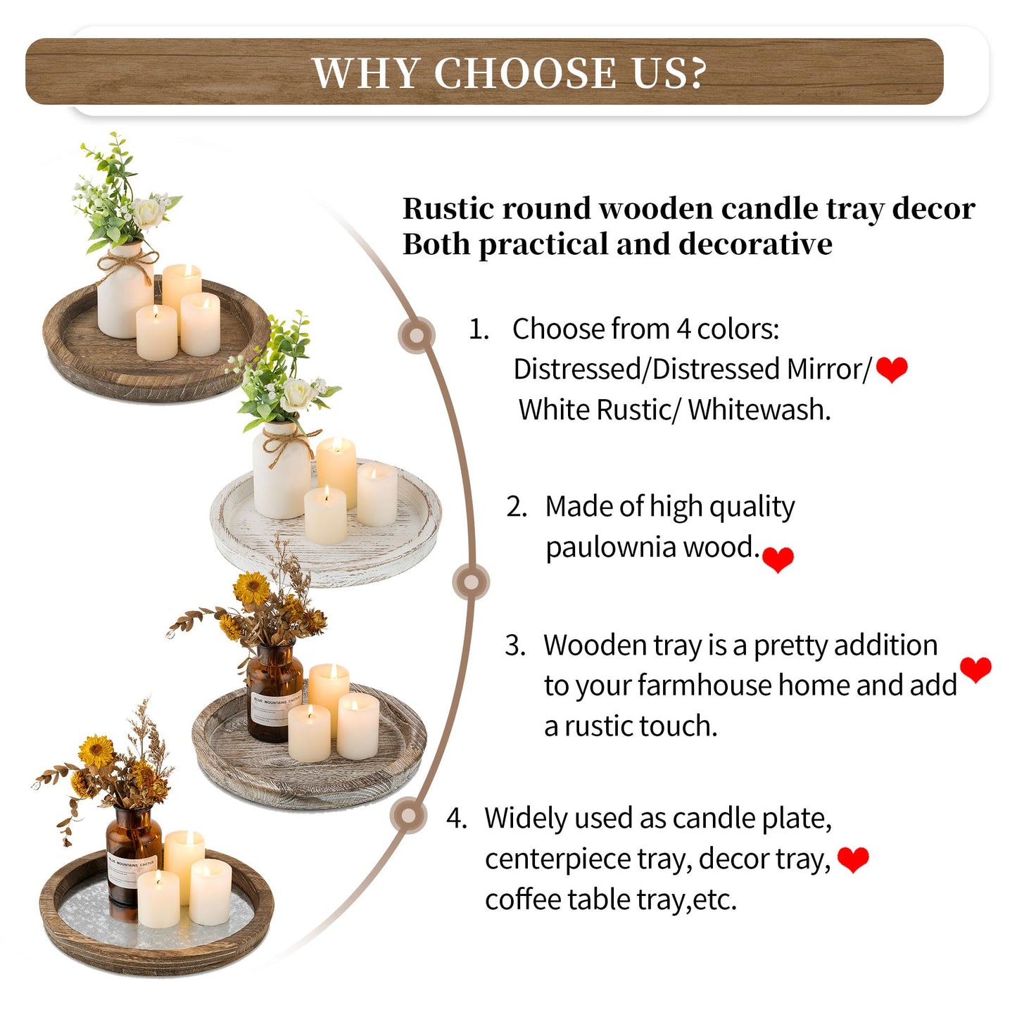 Hanobe Candle Plate Holder Tray: Round Wooden Decorative Candle Plate Small Farmhouse Table Centerpiece Rustic Wood Tealight Pillar Trays for Christmas Wedding Halloween Home Decor