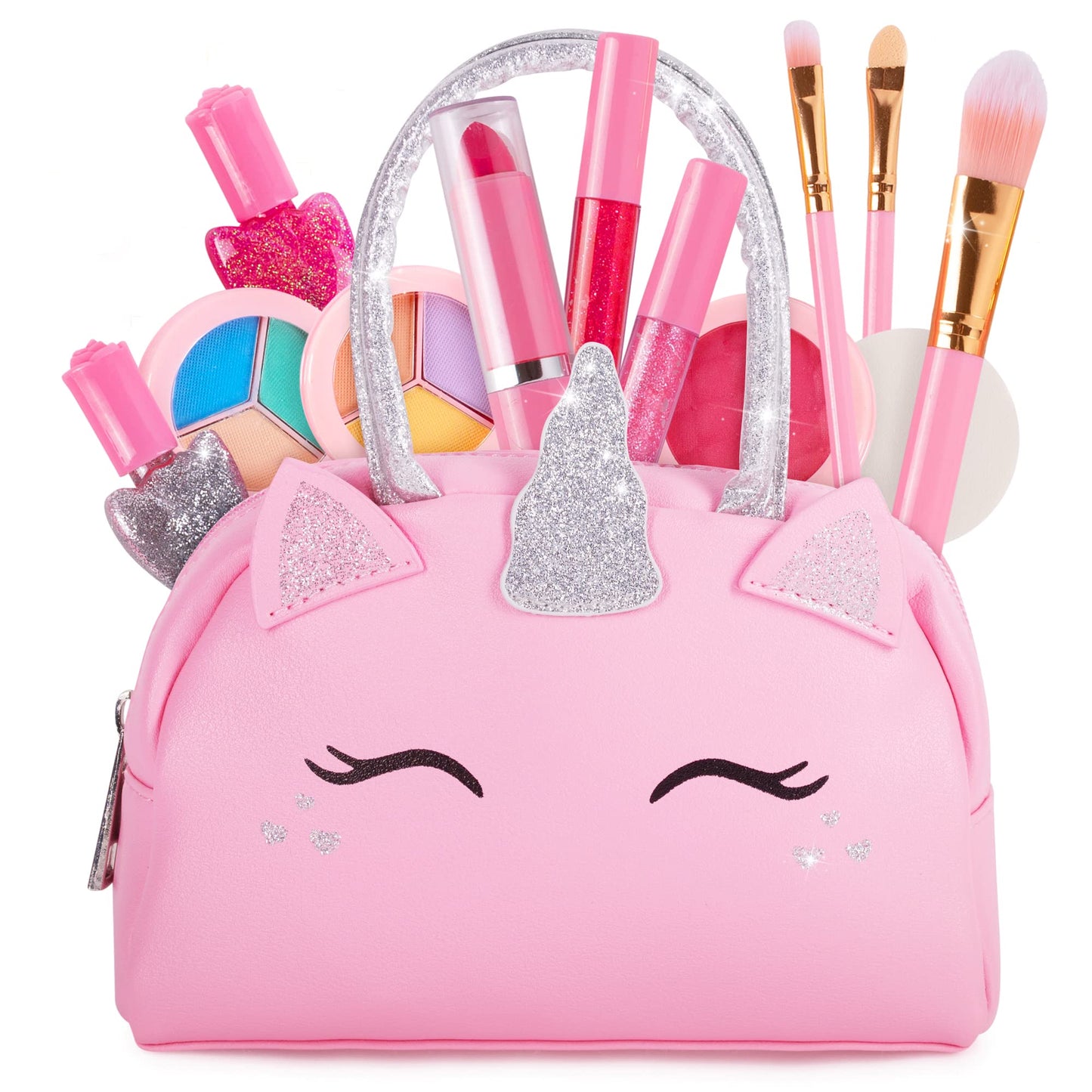 Kids Real Makeup Kit for Girls with Pink Unicorn Purse, Non Toxic Washable Make Up - Unicorn Toys for Toddler & Birthday Gifts for Girl Ages 3 4 5 6 7 8 9 10 Years Old - Pretend Play Vanity Set