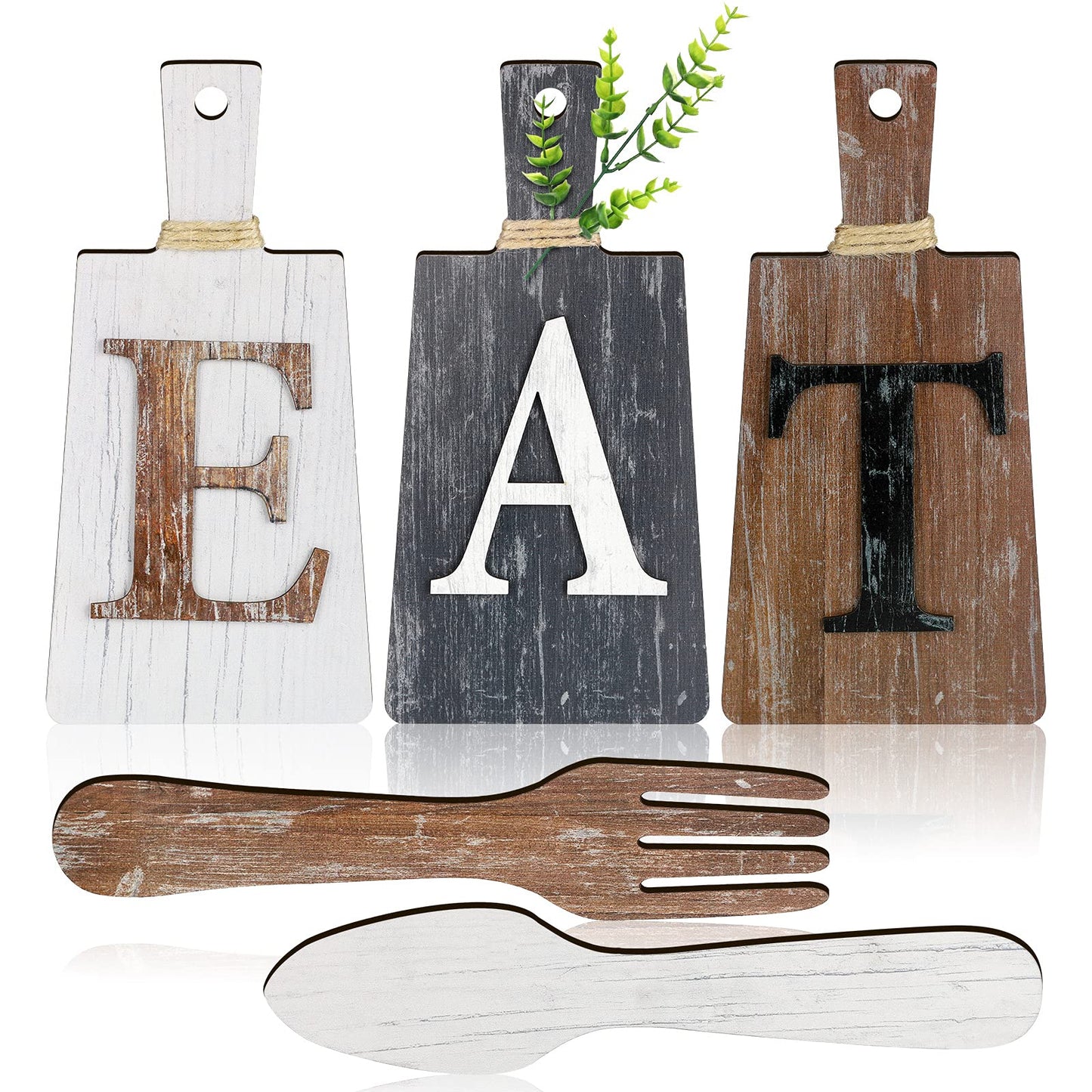 Jetec Cutting Board Eat Sign Set Hanging Art Kitchen Eat Sign Fork and Spoon Wall Decor Rustic Primitive Country Farmhouse Kitchen Decor for Home Decoration(White, Grey,brown)