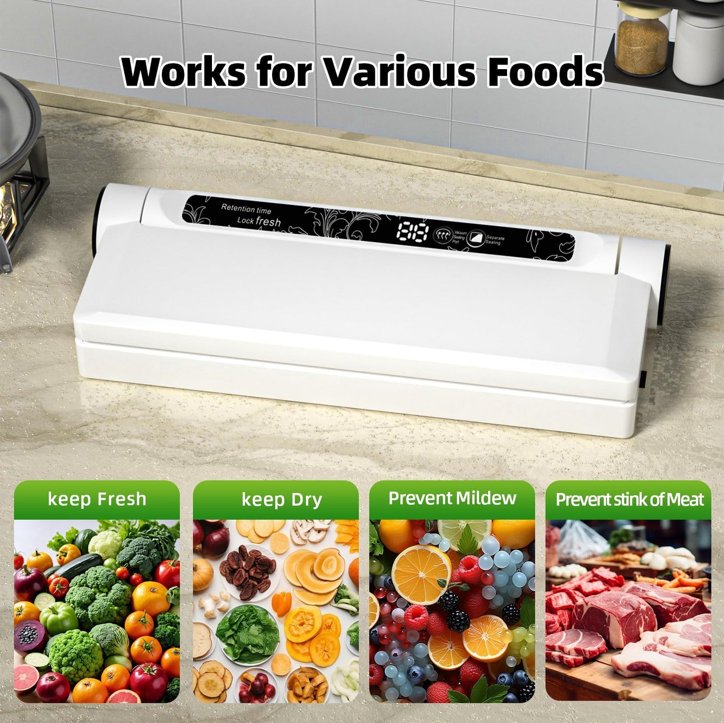 Food Storage Vacuum Sealer Machine, 75KPA Strong Suction, Dry/Wet Modes, 20 Vacuum Seal Bags for Food, Digital Countdown Timer, Compact Lightweight, Ideal for Home Kitchen Use