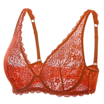 DOBREVA Women's Lace Plunge Bra Sexy Underwire Bralette Plus Size See Through Unlined Bras Pumpkin 32E