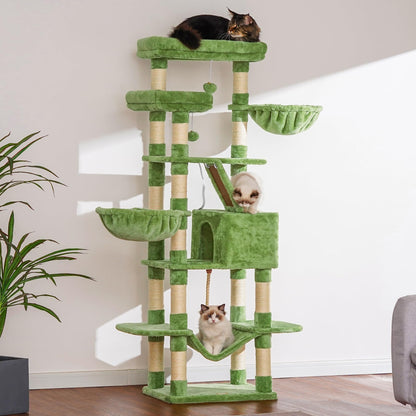 Heybly Cat Tree, 68 inch Multi-Level Cat Tower for Indoor Cats, 2 Widened Plush Perches Cat Condo with Scratching Board and Big Caves, Green HCT025GR