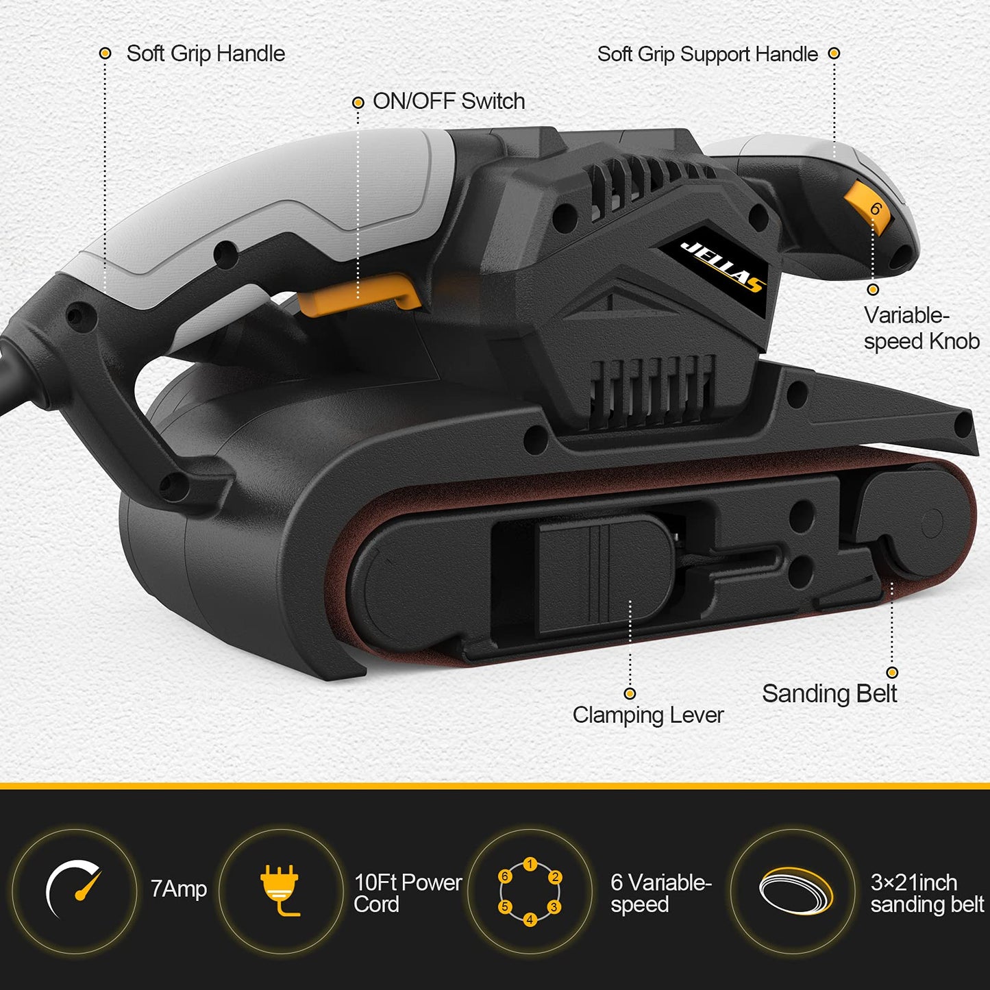 Jellas 7Amp Belt Sander 3 × 21-Inch with Dust Bag, Bench Sander with Variable-speed Control, 2 in 1 Vacuum Adapter, 10 Feet (3 Meters) Length Power Cord - BS750