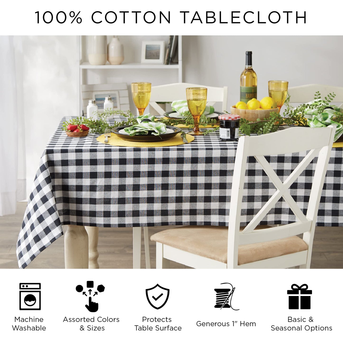 DII 100% Cotton, Machine Washable, Dinner, Summer & Picnic Tablecloth, 52 X 52, Red & Black Buffalo Check, Seats 4 People