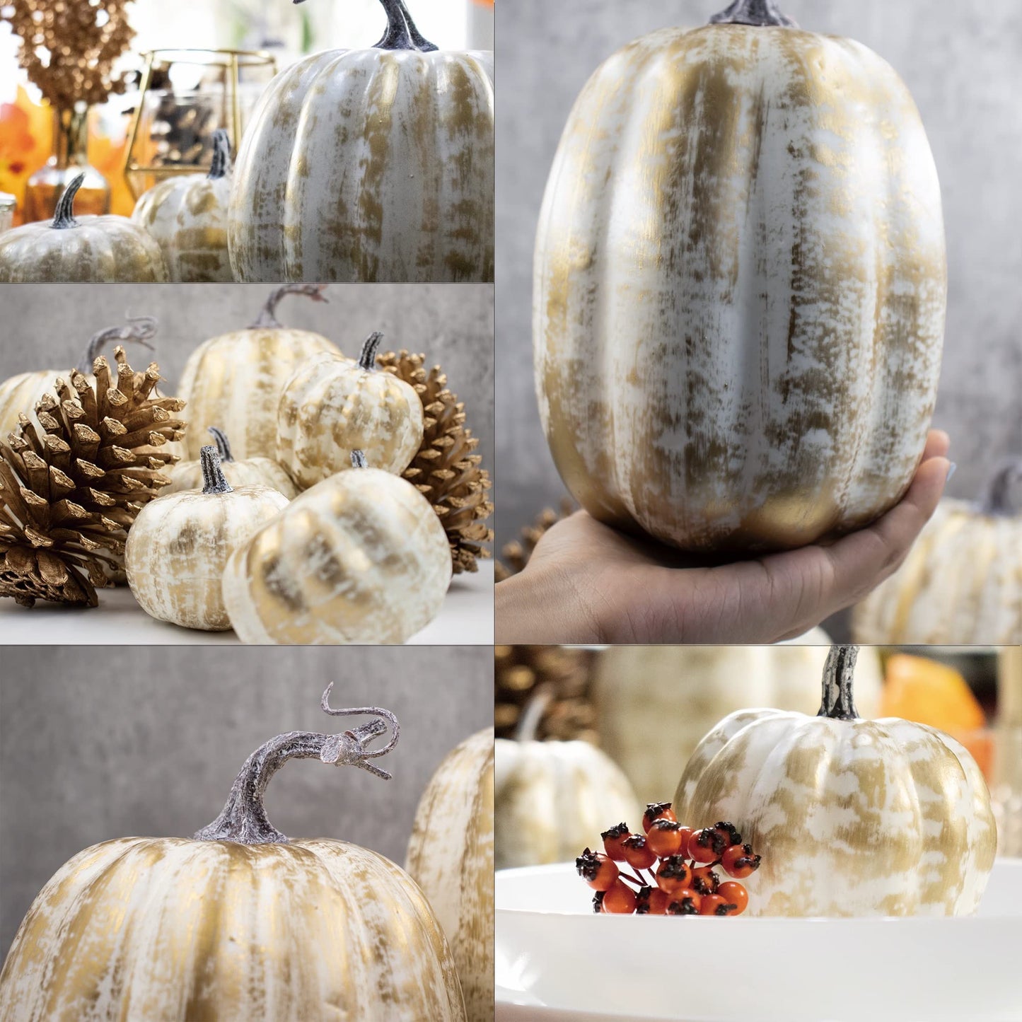 12 PCS Gold Brushed Pumpkins, Thanksgiving Table Centerpiece Decorations, Outdoor Faux Fake Foam Pumpkins for Fall Harvest, Halloween, Thanksgiving, Wedding, Table, Home Decor (Gold Brushed)