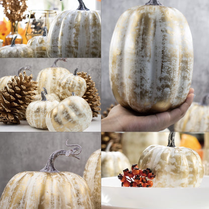 12 PCS Gold Brushed Pumpkins, Thanksgiving Table Centerpiece Decorations, Outdoor Faux Fake Foam Pumpkins for Fall Harvest, Halloween, Thanksgiving, Wedding, Table, Home Decor (Gold Brushed)