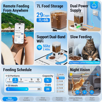 Frienhund Automatic Cat Feeder with Two HD Camera for 2 Cats: 7L Large Automatic Dog Feeder with Night Vision, 5G WiFi Auto Cat Food Dispenser for Multiple Pet, Detachable for Easy Cleaning - 29 Cup