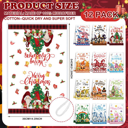 FuWeave 12 Pcs Seasonal Kitchen Towels Set for All Holidays Hand Dish Tea Towels Fall Halloween Christmas Absorbent Dishcloths Housewarming Gift for Cooking Kitchen Bathroom(Gnome Style,Bright Color)