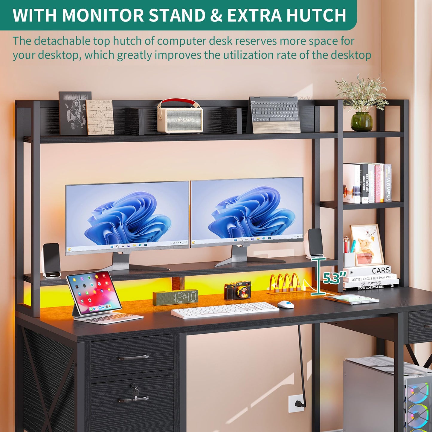 DWVO Computer Desk with Drawers & Hutch, 59.1" Office Desk with Power Outlets & LED Lights, Home Office Desk with Storage Shelves, Black