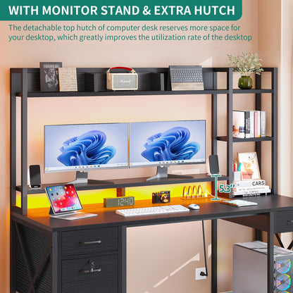 DWVO Computer Desk with Drawers & Hutch, 59.1" Office Desk with Power Outlets & LED Lights, Home Office Desk with Storage Shelves, Black