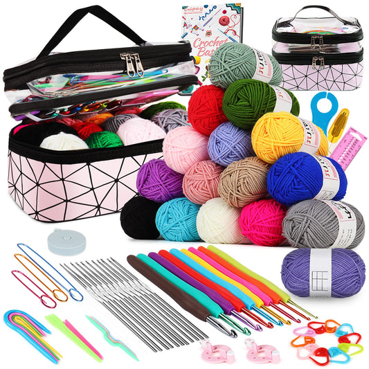 Coopay Crochet Kit for Beginners, 71PCS Crochet Starter Kit with 16 Colors Crochet Yarn & Instructions, Double-Layer Crochet Set Beginner Crochet Kit for Kids/Adults, Professional Starter Pack, Pink