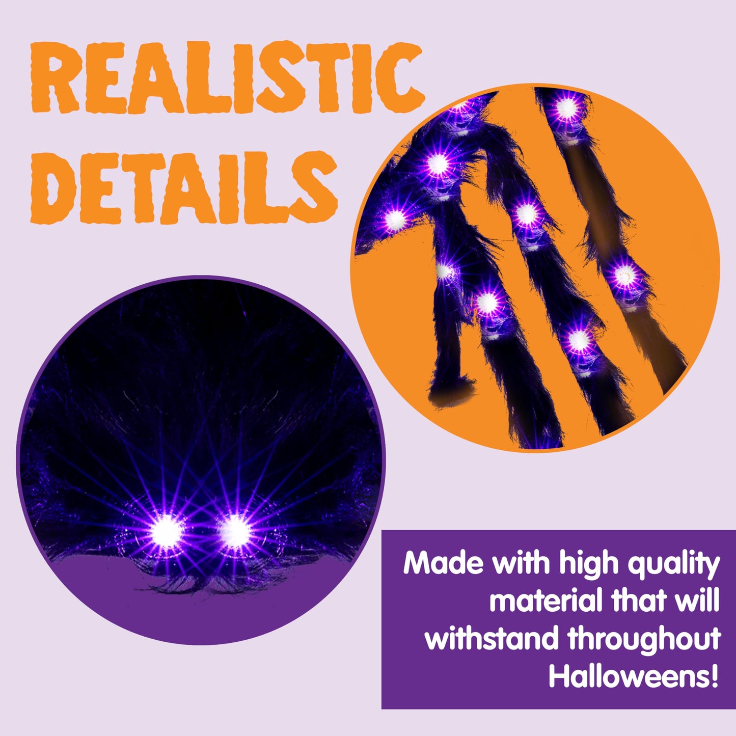 JOYIN 2 Pack 5 Ft Halloween Light Up Spiders Outdoor Decorations, Scary Giant Spider with Purple LED, Fake Large Haunted House Props, for Halloween Lawn Porch Yard Garden Tree Outside Indoor Decor