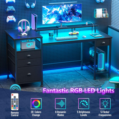 Furologee Black Computer Desk with 4 Drawers, 60" Long Office Desk with Fabric File Cabinet and Power Outlets, Gaming Desk with LED Lights, Study Writing Work Desk for Home Office