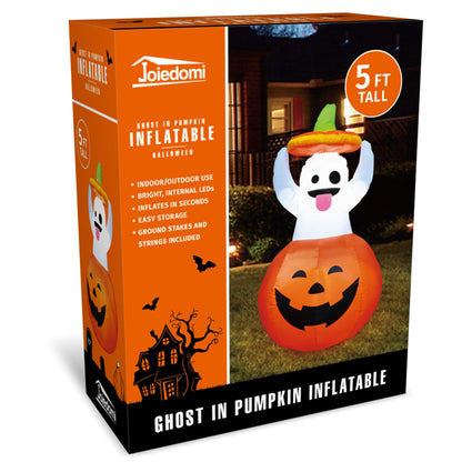 Joiedomi 5 FT Halloween Inflatable Ghost Outdoor Decorations, Blow Up Yard Decorations in Pumpkin, Blow Up Ghost Inflatable with LEDs for Cute Halloween Decor